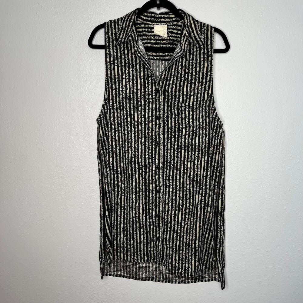 Nom de Plume Two Side Zip Tunic Top Black Stripe Button Front Sleeveless Sz M
